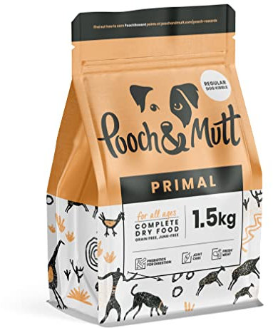 Pooch & Mutt - Primal getreidefreies Hundetrockenfutter mit hohem Proteingehalt für Hunde (normale Krokettengröße), Lamm- und Straußengeschmack, 1,5 kg