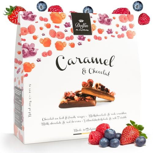 Dolfin Caramel & Chocolate - Cioccolato al latte con frutti di bosco - Caramello leggermente salato, frutti di bosco - Dolci, Regalo - Made in Belgio, 200 g