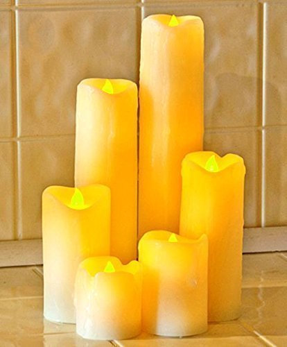 Legend Set of 6 Battery Operated Flickering LED Slim Pillar Candles with Dripping Wax, Vanila Scented
