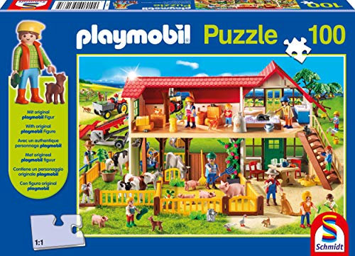 Schmidt Playmobil On the Farm Children's Jigsaw Puzzle and Figure Set (100-Piece)