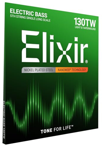 Elixir® Strings Nickel Plated Steel with NANOWEB® Coating, Custom Bass 5th String Single, Light B, Long Scale TaperWound (.130tw)