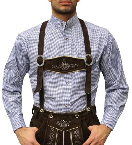 German Wear Trachtenhemd mit Stehkragen für Trachtenlederhosen kariert, Dunkelblau, XL