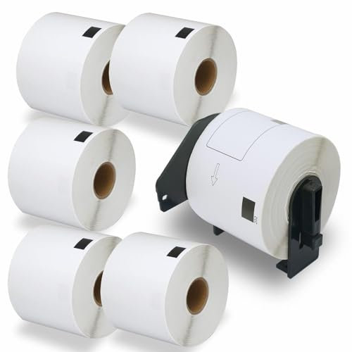 BETCKEY - 6 Rollen DK-11202 Versandetiketten Kompatibel mit Brother, 62mm x 100mm, 1800 Etiketten für Brother QL Etikettendrucker (1 Wiederverwendbare Etikettenhalter)