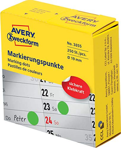 AVERY Zweckform 3855 selbstklebende Markierungspunkte (ø 19 mm, 250 Klebepunkte auf Rolle im Spender, runde Aufkleber für Kalender, Planer und zum Basteln) grün
