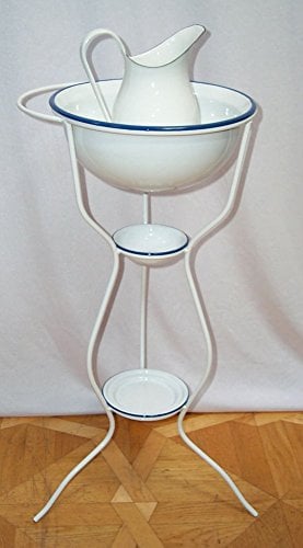 linoows Nostalgie Waschtischset, Waschstisch, 5 TLG. Waschset, Emaille weiß- blau
