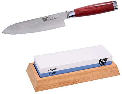GRÄWE Damastmesser-Set - Damaszener Santokumesser 17 cm und Wetzstein 400/1000