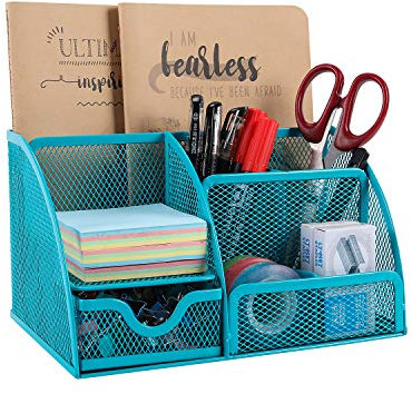 EasyPAG 7 Fächer Metall Schreibtisch Organizer Stiftehalter Stiftköcher Vielseitig Utensilienschalen Büro Organisation Zubehör Ablage mit Schublade,Türkis