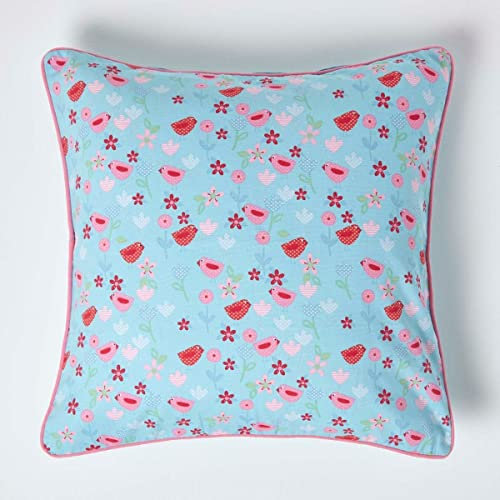 Homescapes Baumwoll-Kissenhülle mit Vogel- und Blumen-Muster, Zierkissenbezug 60 x 60 cm, dekorativer Kissenbezug für Zierkissen/Sofakissen mit Reißverschluss, blau-rosa-rot