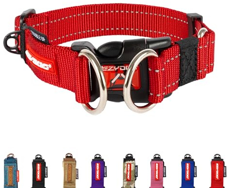 EzyDog Double Up Dog Collar - Reflective Large Dog Collar with ID Tag D-Ring, For Small, Medium & Large Dogs - Supreme Comfort with Soft & Strong Nylon Webbing - Red