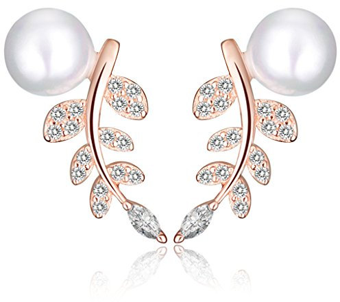 Yumilok Roségold 925 Sterling Silber Zirkonia Perlen Blätter Ohrstecker Ohrklemme Ohrringe Ohrschmuck Ear Cuffs für Damen Frauen Mädchen