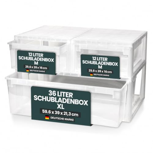3er-Set Schubladenboxen, 2 x 12 Liter (M) und 1 x 36 Liter (XL) | Aufbewahrungsboxen für Pullover, Shirts, Hosen und Bettwäsche - platzsparend im Schrank