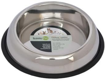 Iconic Pet 4 Cup/32 Oz Heavy Weight Non-Skid Stainless Steel High Back Pet Food/Water Bowls with Removable Anti Skid Rubber Ring - Dog/Cat Feeding Bowl in Unique Design, Dishwasher Safe
