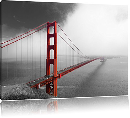Pixxprint rote Golgen Gate Bridge in San Francisco B&W, Größe: 80x60cm, Leinwandbild, fertig gespannt, Wandbild, Dekoration, Kunstdruck, kein Poster