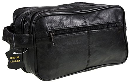 Men's Black Leather Washbag Travel Wash Bag with 2 compartments and handle