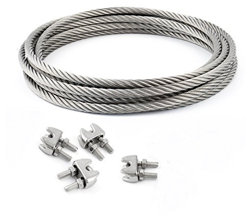 5m DRAHTSEIL EDELSTAHLSEIL SET 10mm 7x19 + 4 Bügel 10mm V4A Stahlseil Inox VA Seil Rostfrei Klemmen