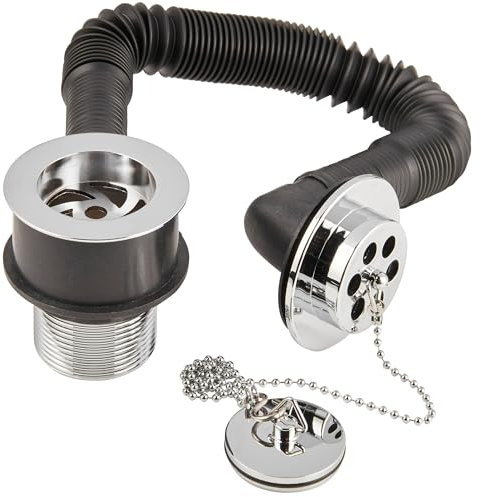Deva DW404/017 Replacement Bath Combined Waste & Overflow Kit with Brass Slotted Plug & Chain In a Chrome Finish Silver Seal Trap Pipe Bathtub Bathroom Set