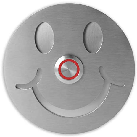 Jung Edelstahl Design - Lustige Edelstahl Türklingel Smiley Klingelschild rund 10x10cm Klingeltaster mit LED Klingelplatte V2a Edelstahl geschliffen Smilie Klingel Haustür (rot)