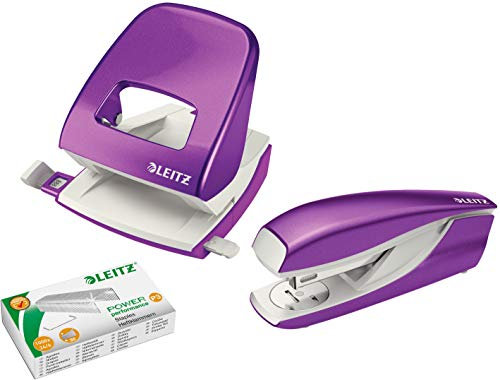 Leitz 5008 NeXXt Series WOW Bürolocher, Metall, bis zu 30 Blatt/Kombi-Set mit Heftgerät + 1000 Klammern extra (Violett Metallic)
