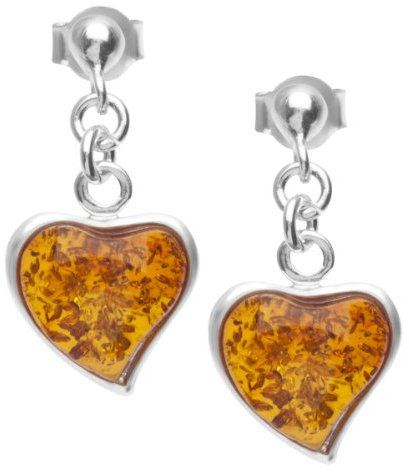InCollections Damen-Ohrhänger Herz 925 Sterling Silber 2 Bernsteine gelb 20 mm