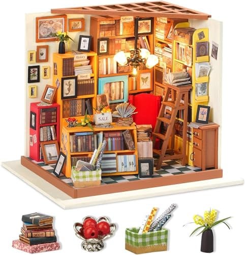 Robotime Bibliothek Puppenhaus DIY Haus Holz - Bastelset Miniatur Haus Modell bausatz Geschenk für Erwachsene und Kinder Geschenk zum Muttertag