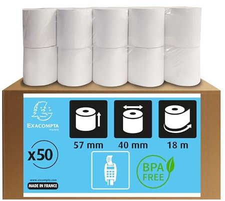 Exacompta - Réf. 40339E - Carton de 50 bobines pour tickets de carte bancaire - largeur 57 mm x diamètre 40 mm - 1 pli thermique 55g/m² - Métrage (+ ou - 2 m) : 18 m - Blanc