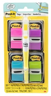 Post-it Flags Value Pack, 50/Dispenser, 4 Dispensers/Pack, 1 in Wide, Assorted Bright Colors, Includes FREE Flags + Highlighter (680-PPBGVA)