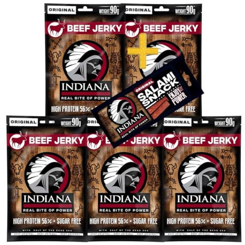 Indiana Beef Jerky Original, Geschenkbox High Protein Trockenfleisch, ohne Zuckerzusatz, Gluten-frei (5 x 90g) + Salami Snack 18g
