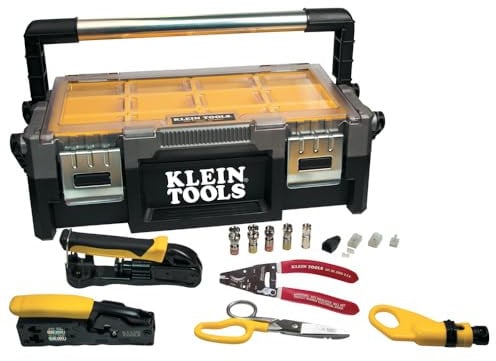 Klein Tools VDV001-833 VDV ProTech Kit con funda de transporte, pelacables, crimpadora, conectores de compresión, cortador de cables, enchufes de datos/teléfono