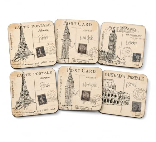 Pimpernel Postcard Sketches Coasters, Set of 6 - Cork Backing (Brown)