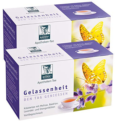 BADERs Apotheken-Tee Gelassenheit. Kräutertee mit Lavendel, Baldrian und Melisse. Den Tag genießen, in der Nacht gut schlafen. 2 x 20 Filterbeutel. PZN 09738486
