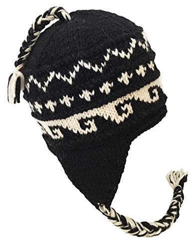 Nepal Handgestrickte Sherpa-Mütze mit Ohrenklappen, Trapper-Skimütze, schwere Wolle, Fleecefutter (schwarz/weiße Wellen)