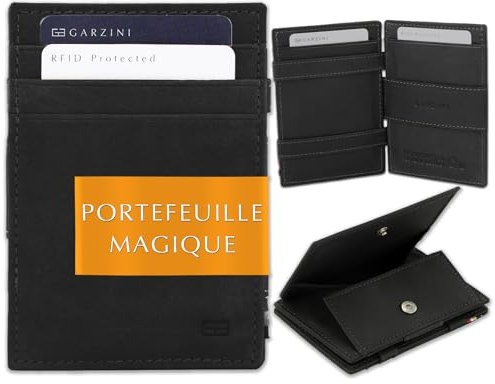 GARZINI Magic Wallet, RFID Geldbeutel für Herren aus echtem Leder für 7 Karten und Münzfach, Mini Geldbörse als Geschenk für Männer, Carbon Black