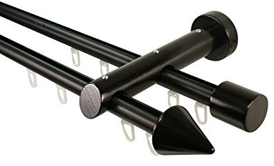 Innenlauf Gardinenstange 2-läufig aus Aluminium und Holz schwarz, 20 mm, Endstück Kegel, 160 cm