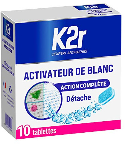 K2r Activateur de Blanc – 10 Tablettes (0.200kg) – Détache et ravive le blanc – Anti taches & anti grissaille