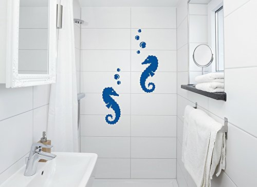 Grandora Wandtattoo 2 Seepferdchen mit Luftblasen I azurblau (BxH) 12 x 24 cm I Badezimmer WC Bad Sticker Aufkleber Wandaufkleber Wandsticker Stickers W5055