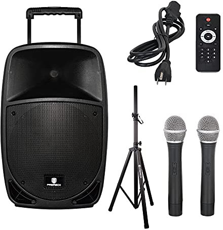 PRORECK Free 15 - Altavoz portátil de 15 pulgadas (800 W, 2 vías, recargable, con Bluetooth, USB, lector de tarjetas SD, radio FM, mando a distancia, micrófonos inalámbricos, soporte de altavoz)