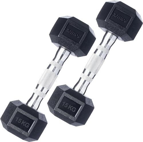 POWRX Hexagon Kurzhanteln Set - 30 kg - 2 x 15 kg - Mit Gummibeschichtung, Verchromtem Griff, Kompakt und Rutschfest - Ideal für Krafttraining, Muskelaufbau und Home Gym