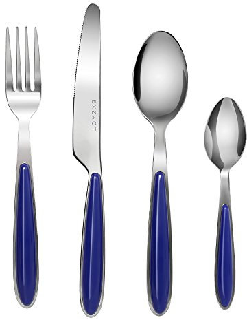 EXZACT Rostfrei Stahl Besteck Set einem Plastikhalter 24 PCS - Farbige Griffe - 6 Gabeln, 6 Messer, 6 Löffel, 6 Teelöffel - Blau (EX07 x 24)