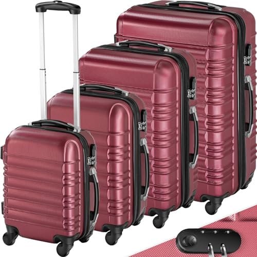 tectake® 4 TLG Reisekoffer Set, TSA Schloss, Hartschalenkoffer Set, Trolley Kofferset, ABS Hartschalen Reisekofferset, Trolley, Gepäck, Koffer Set, 4 Rollen, 360 Grad drehbar, Teleskopgriff - weinrot
