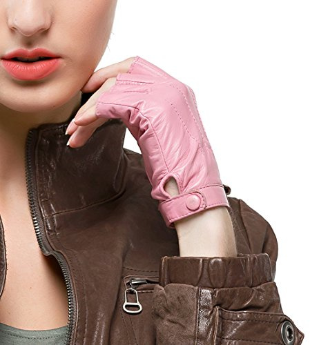 Nappaglo Gants en cuir femme pour conduire Doeskin Demi doights Moto Cycle Gants sans doigts (XXL (périmètre de la paume:20.8cm), Rose)