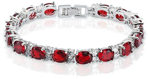 Hasnsofie Rubis Bracelet Femme Plaqué Or Blanc avec Zircon Cubique Ovale Rouge, Bijoux Bracelet Hypoallergénique Unisexe pour Femme Homme, Soirée Anniversaire Cadeau