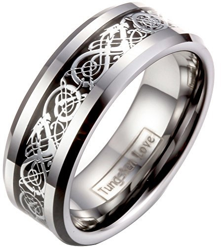 JewelryWe Schmuck Herren Wolframcarbid Ring Band Silber Schwarz Irish Celtic Knot Irischen Keltisch Knoten Drachen Jahrgang Hochzeit Größe 52