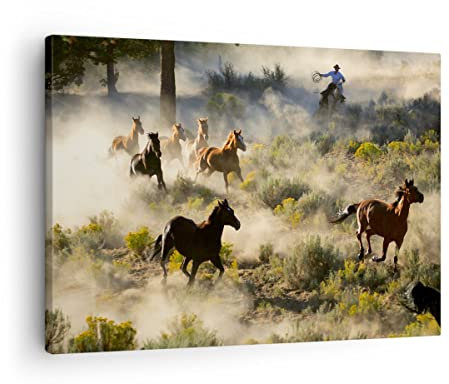 Bilder auf Leinwand Cowboy Cowgirl Pferd Leinwandbild mit Rahmen 70x50cm Wandbilder Dekoration Wohnzimmer Schlafzimmer Küche Deko Klein Wanddeko Bild Wand Kunstdruck Art Wall Decor Canvas AA70x50-2201