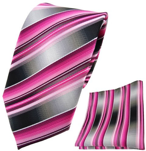 TigerTie Designer Krawatte Designer Einstecktuch in rosa pink magenta anthrazit silber grau gestreift