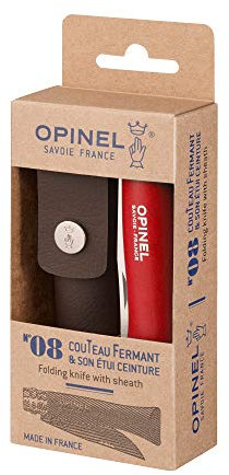 OPINEL - N°08 Baroudeur et Étui - Couteau Pliant de Poche OPINEL Bois - Couteau de Poche Lame en Acier Inoxydable - Lame Inox 8,5 cm et Manche en Bois - Rouge