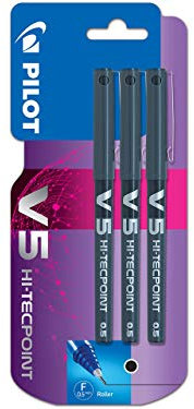Pilot V5 Liquid Ink Rollerball Pen, 0.5 mm Tip - Black, Pack of 3
