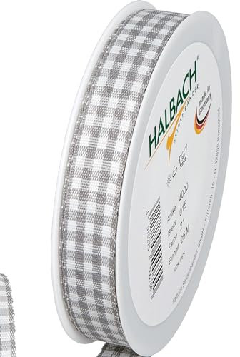 Halbach Seidenbänder Premium Vichy Karo Geschenkband (grau) | Breite 15mm Länge 25m | Karoband made in Germany | kariertes Schleifenband in vielen Farben