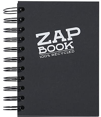 Clairefontaine 8361C - Skizzenbuch / Zeichenheft Zap Book mit Doppelspirale, DIN A6 14,8x21 cm, 80 Blatt 80g 100% recyceltes Papier, ideal für Notizen oder Zeichnungen, Schwarz, 1 Stück