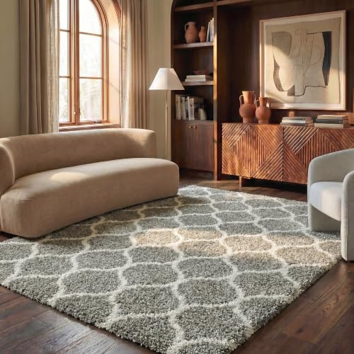 SAFAVIEH Area Rug 8x10 - Hudson Shag Collection - Large - Grey & Ivory, Trellis Pattern, Non-Shedding & Easy Cleaning, Ultra Plush Thick Pile, Ideal for Living Room, Bedroom, Dining Space (SGH280B)