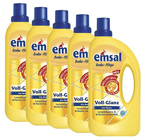 5x emsal Boden-Pflege Voll-Glanz 1 Liter, Langzeitglanz & Brillante Sauberkeit mit Orangenwachs
